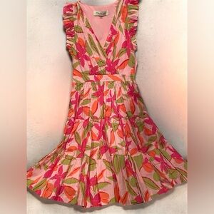💐Taylor Pink Floral Tiered Sundress with Orange & Green Accents